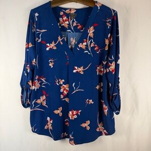 Mix Blue Floral Women's Blouse, 3/4 sleeves, lightweight, work wear